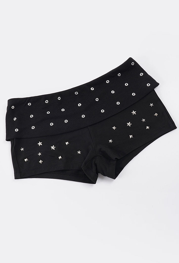 Gothic Black Studded Knit Shorts Retro Y2K Style Eyelet and Star Low-Rise Shorts